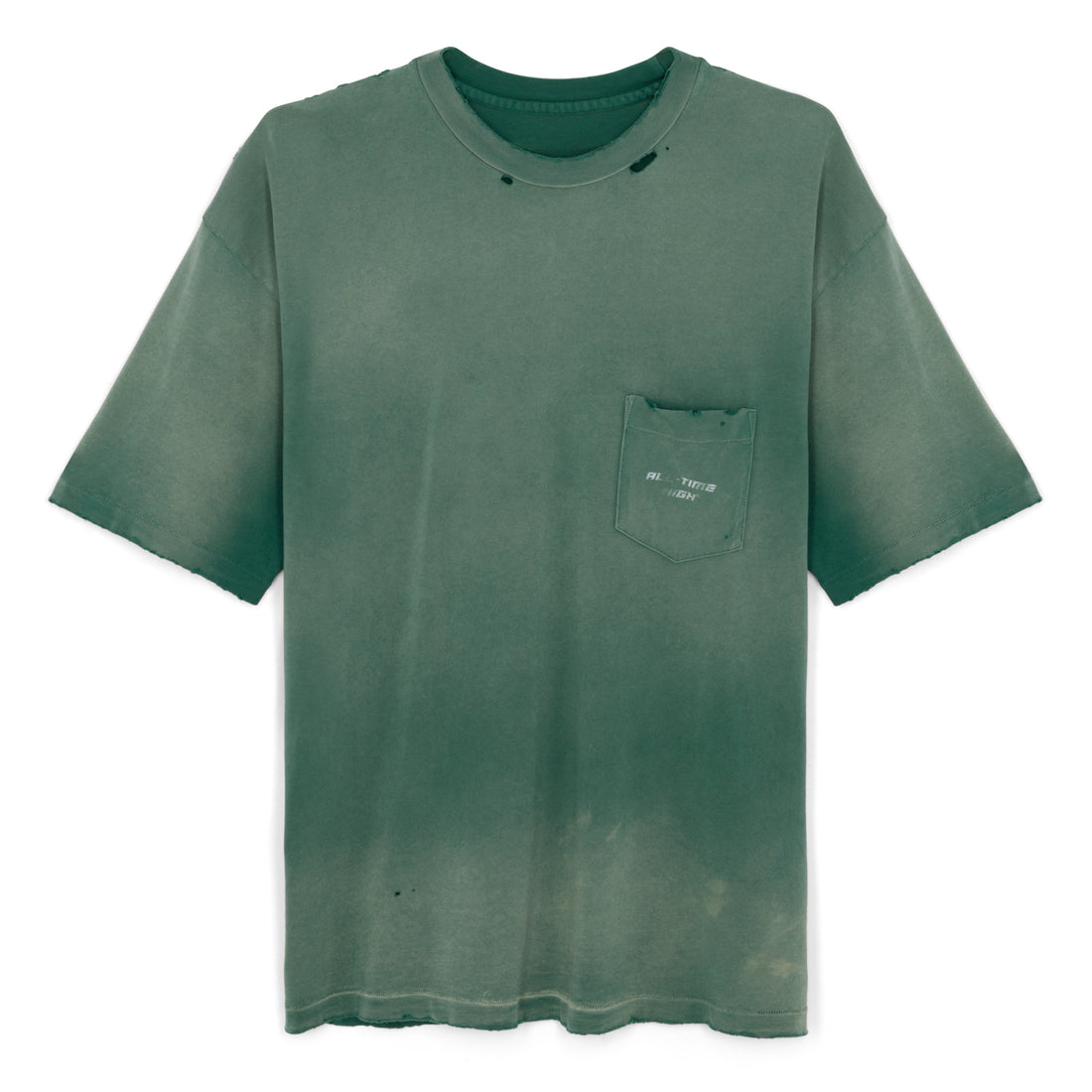  Detail of cotton single stitch pocket tee dyed green then faded and washed for vintage look 