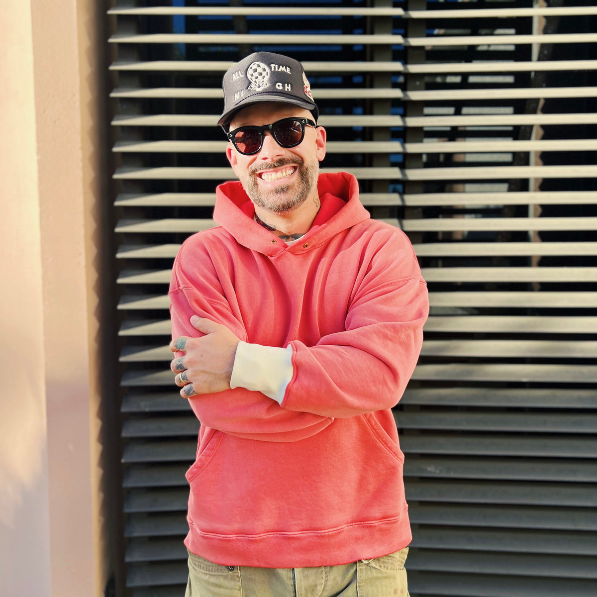 All Time High french terry darted hoodie in sun fade red with vintage white cuffs