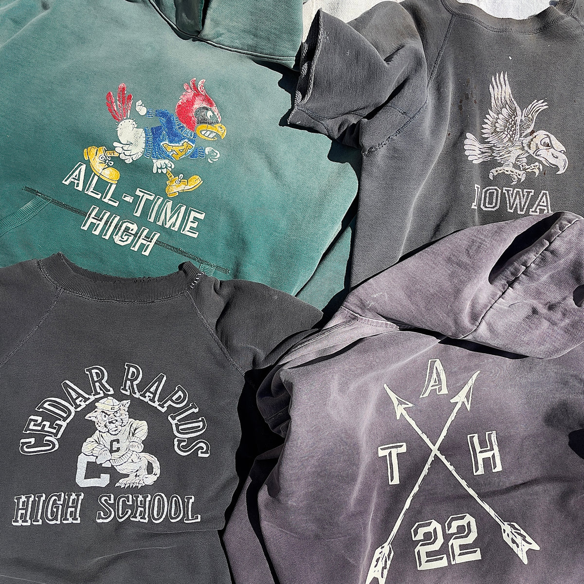 New flock printed french terry hoodies versus vintage flocked print collegiate sweatshirts