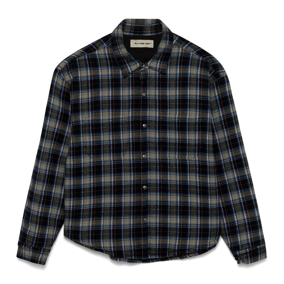 Quilt Lined Cotton Flannel Shirt Jacket (Grey/Blue/Black)