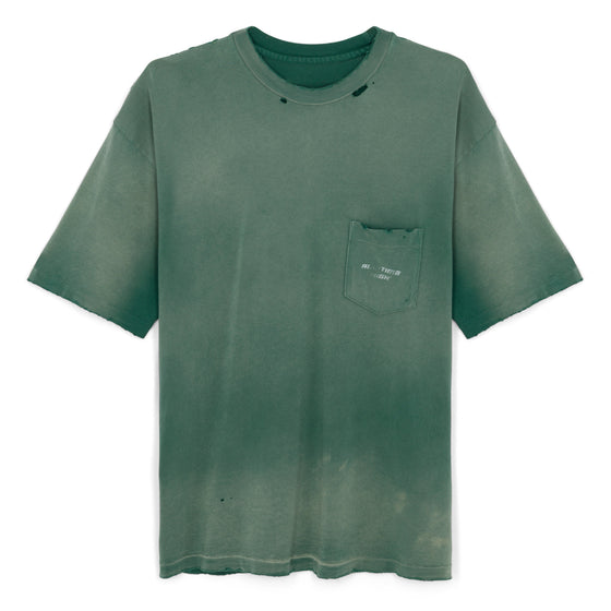 Detail of cotton single stitch pocket tee dyed green then faded and washed for vintage look 